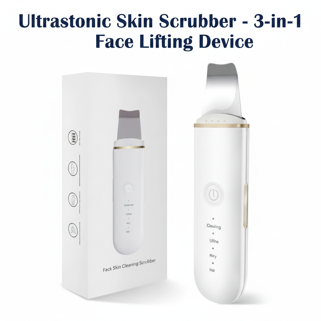 Ultrasonic Skin Scrubber 3-in-1 with Title - White Device with Box